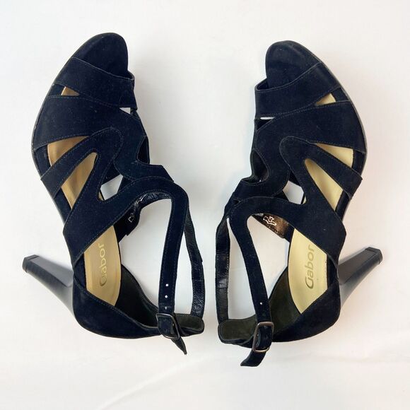 Gabor Fantastica Black Suede Heels Women's Sz 7‎ Strappy Peep Toe Evening Dressy - Picture 2 of 8
